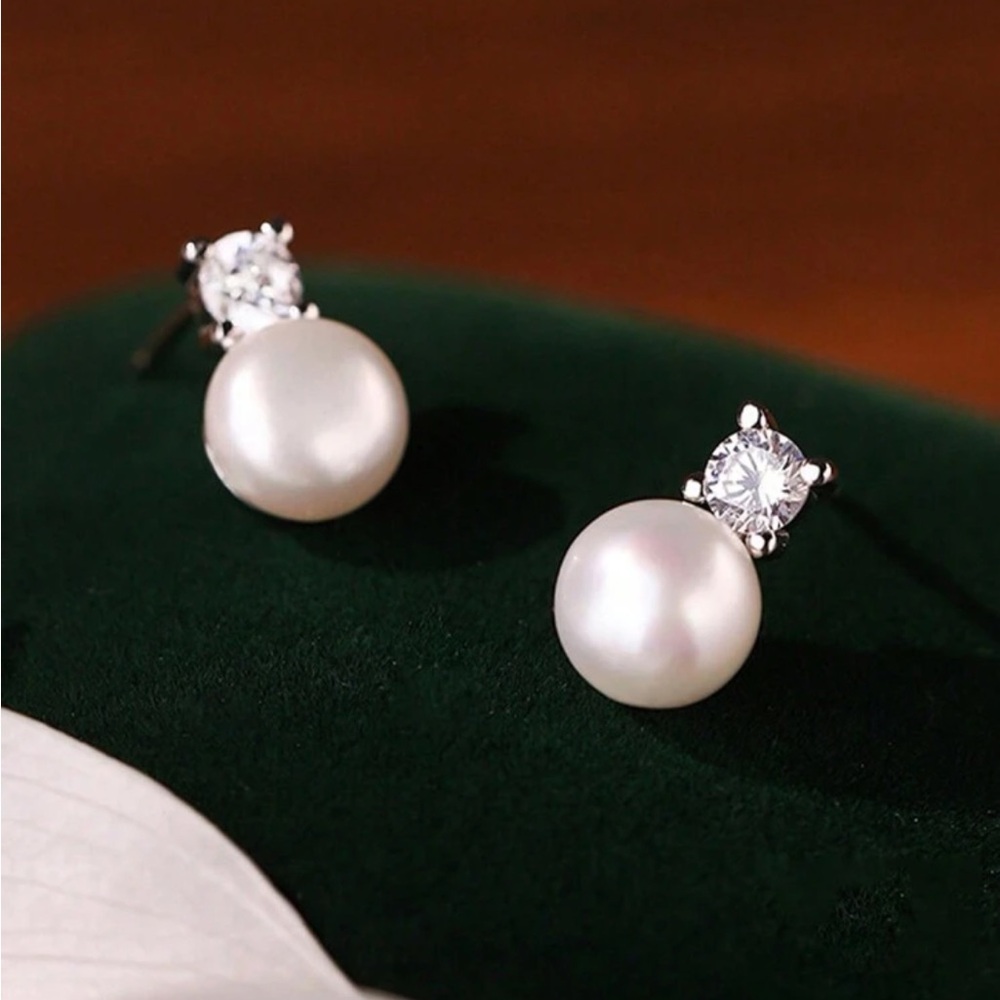 1pair Faux Pearl & Drop Rhinestone Earrings For Women S925 Sterling Silver